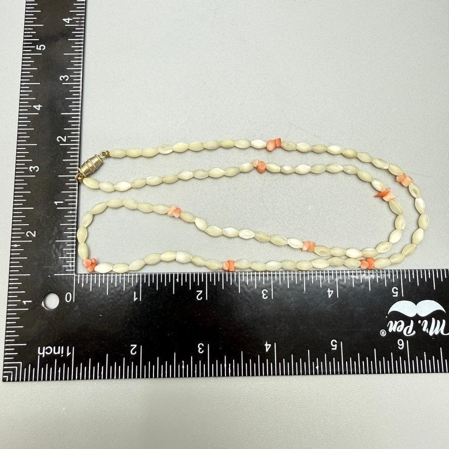 Vintage Mother of Pearl and Coral Bead Necklace 23″ Statement Summer Dainty