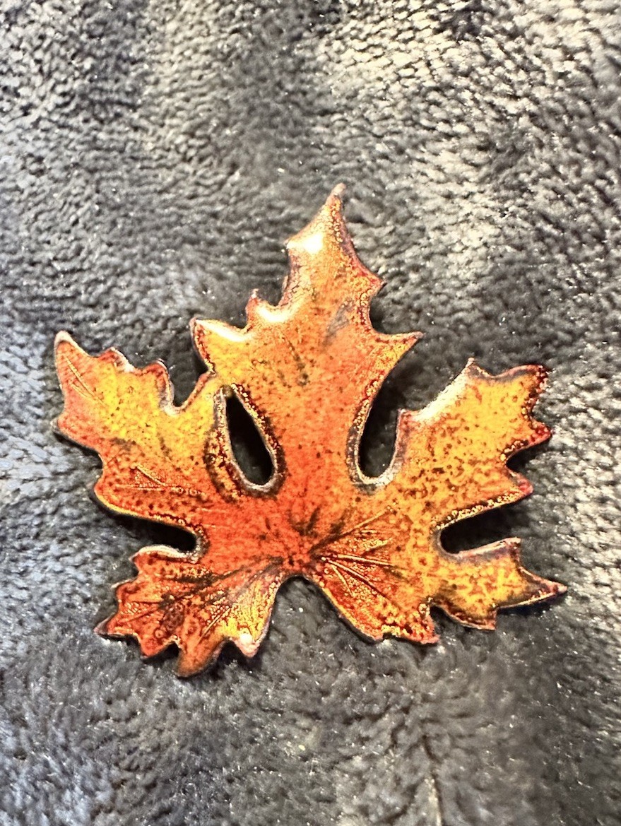 Vintage Enamel on Copper Maple Leaf Brooch Fall Colors Orange Yellow