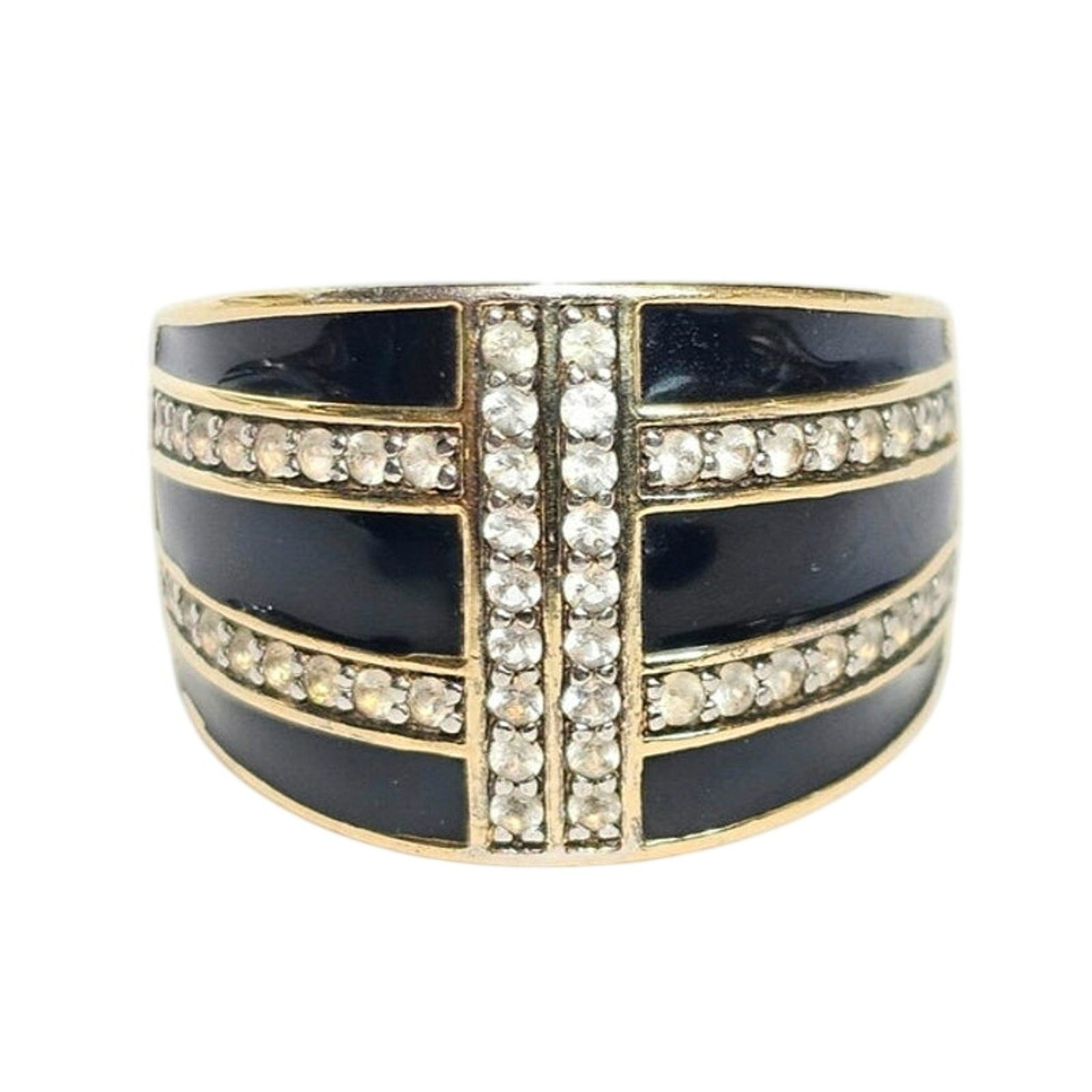 Vintage AVF Signed Vermeil Sterling Black Enamel & White Topaz Ring