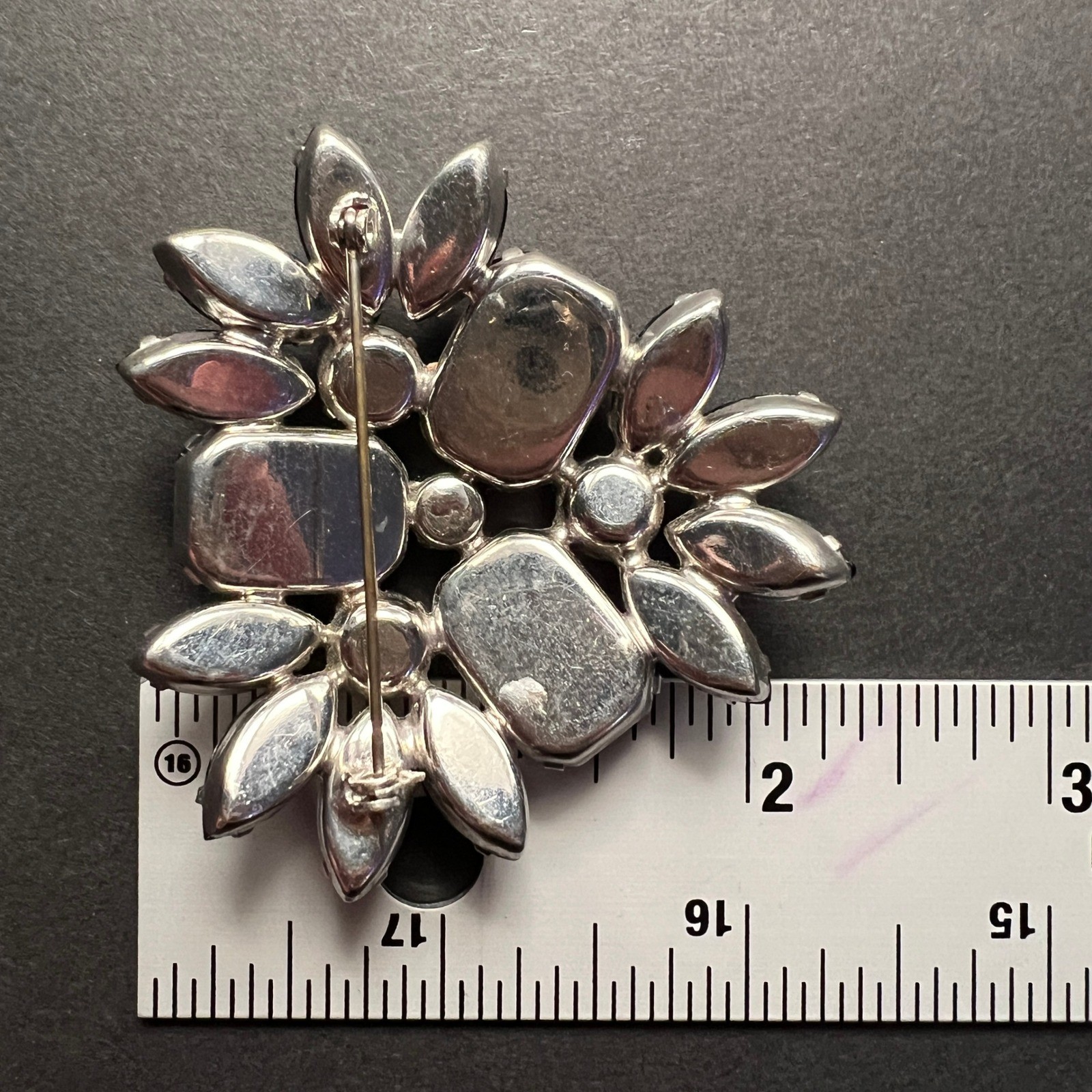 Vintage Black Rhinestone Cluster Brooch Marquise Emerald Cut Domed Prong Set