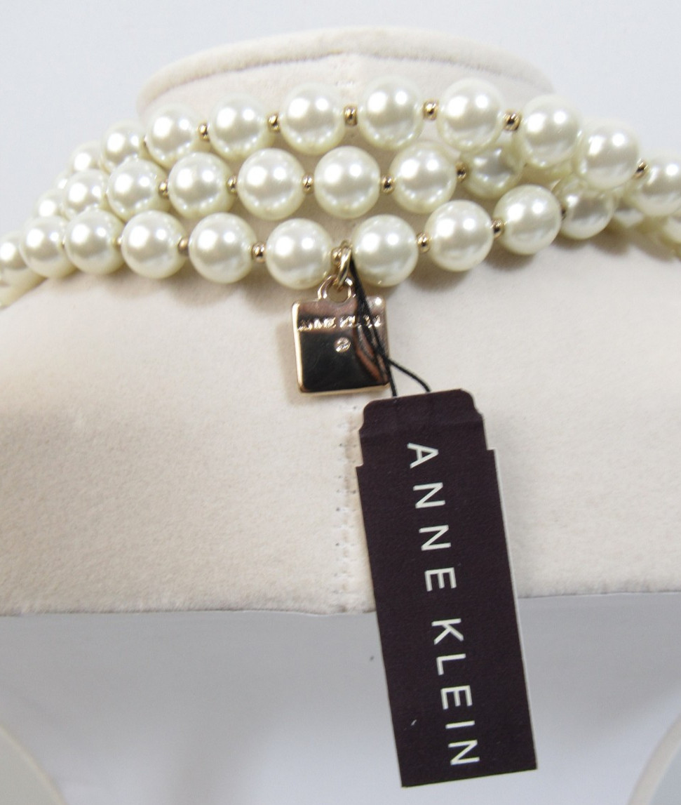 ANNE KLEIN Off White Faux Pearl And Gold Bead Necklace Lion Tag 60″