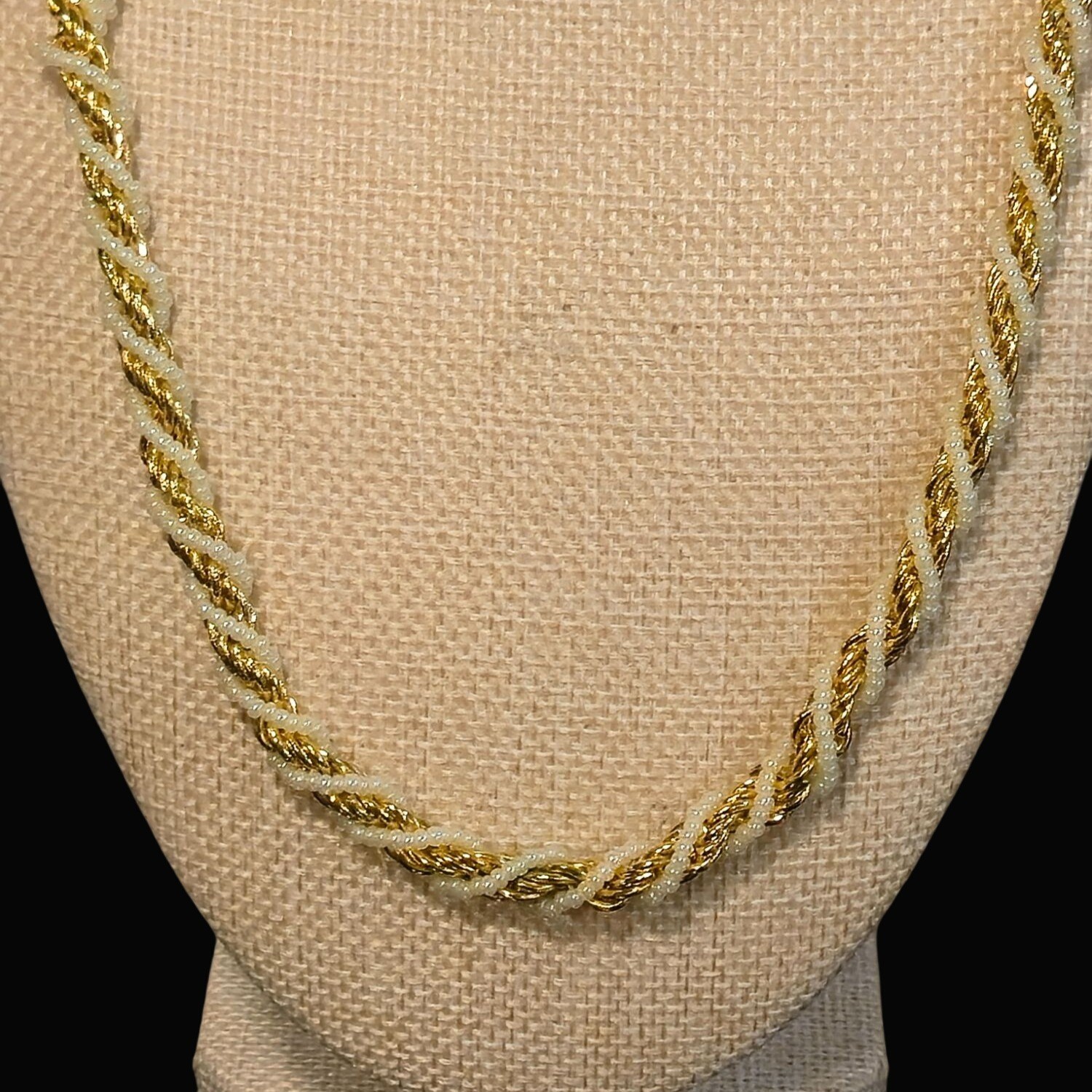 Trifari Vintage Gold Tone Twisted Rope Chain Necklace White Bead Twists jewelry