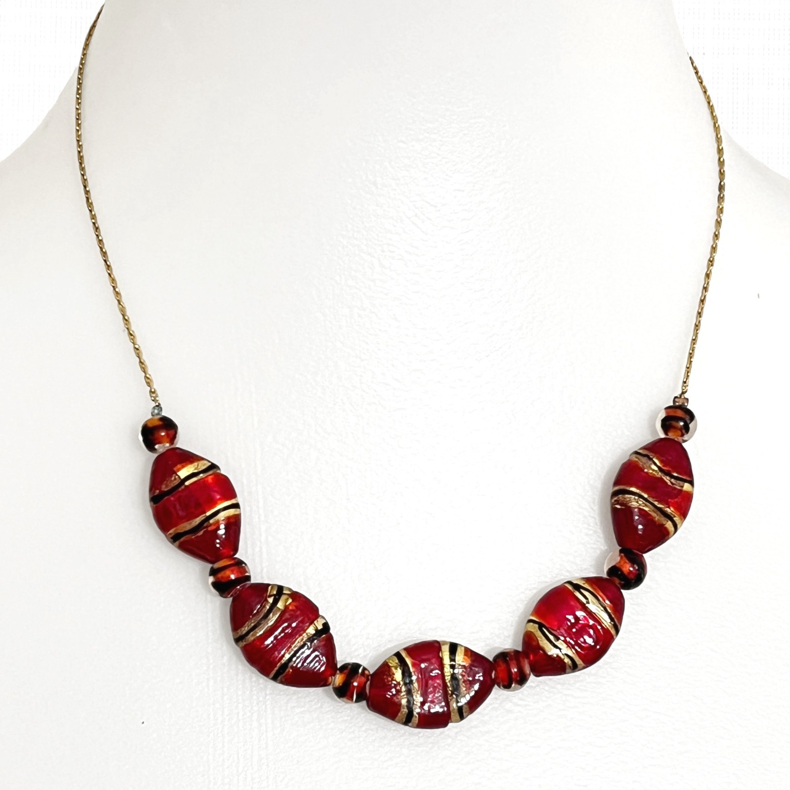Vintage Art Glass Beaded Necklace Red Oval Gold Tone Foil Striped Handmade