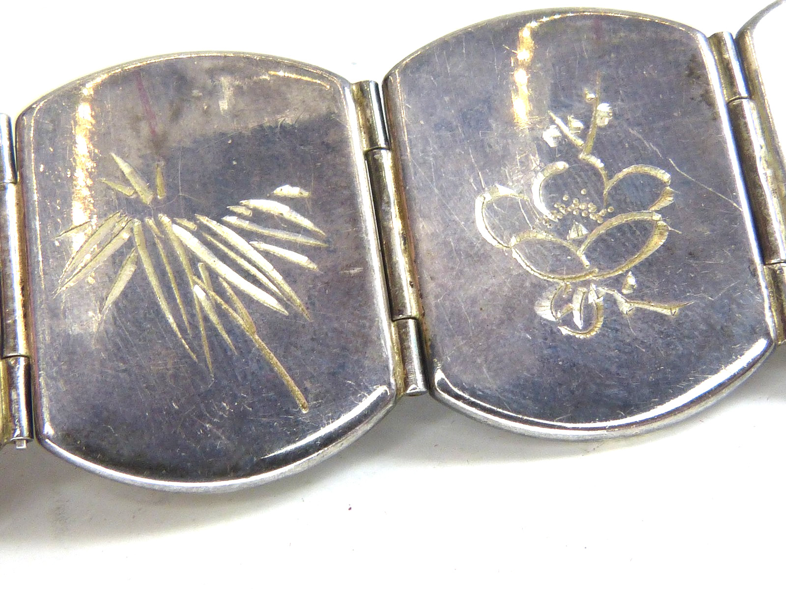 Large Antique Japanese Sterling Silver Bracelet W Mixed Metal Damascene Designs