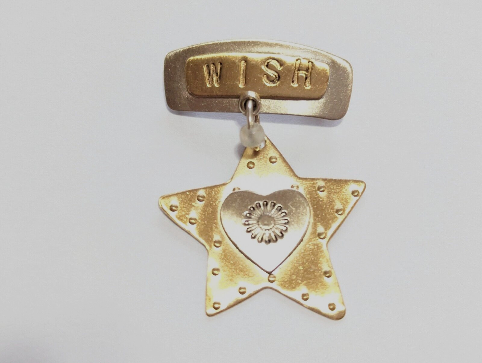 Vintage Brass & Silver Tone Dangle Star Heart Wish Brooch Pin 1.75″ Long