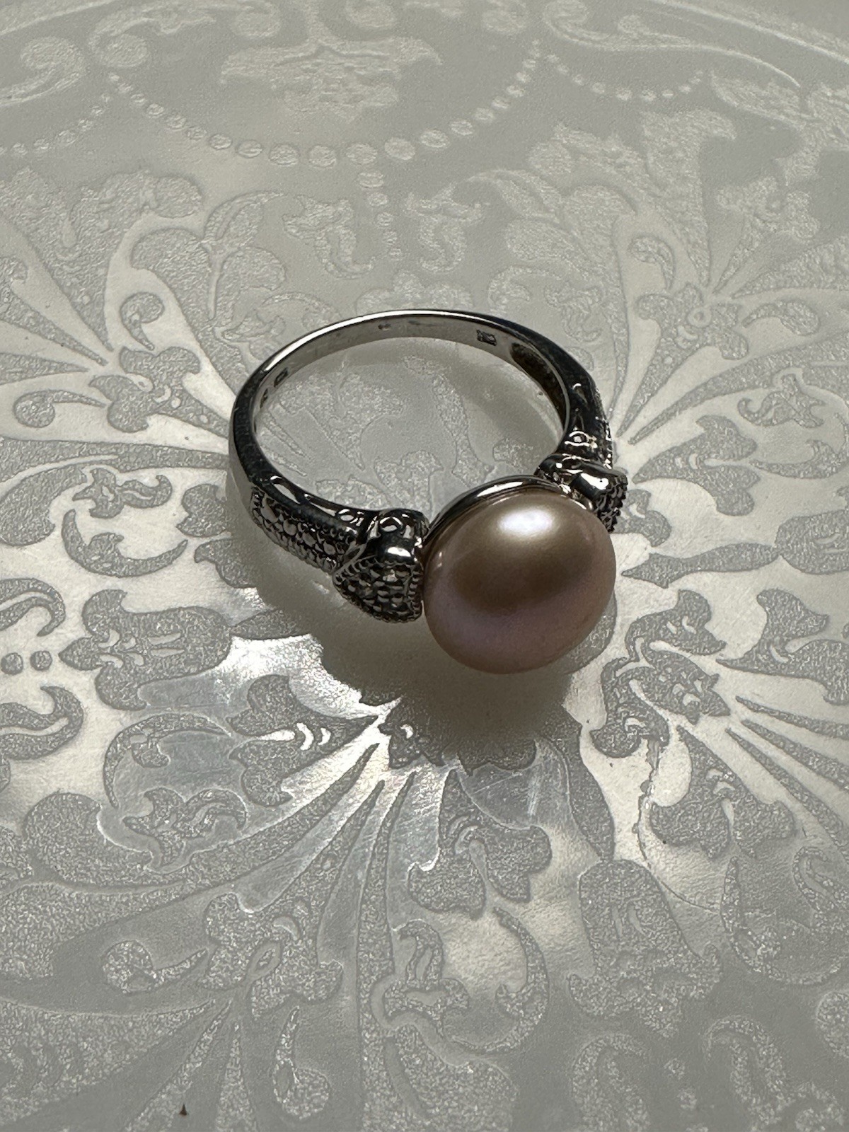 Vintage Sterling Silver Pink Pearl CZ Ring Sz 8 3/4 Signed Hearts Elegant