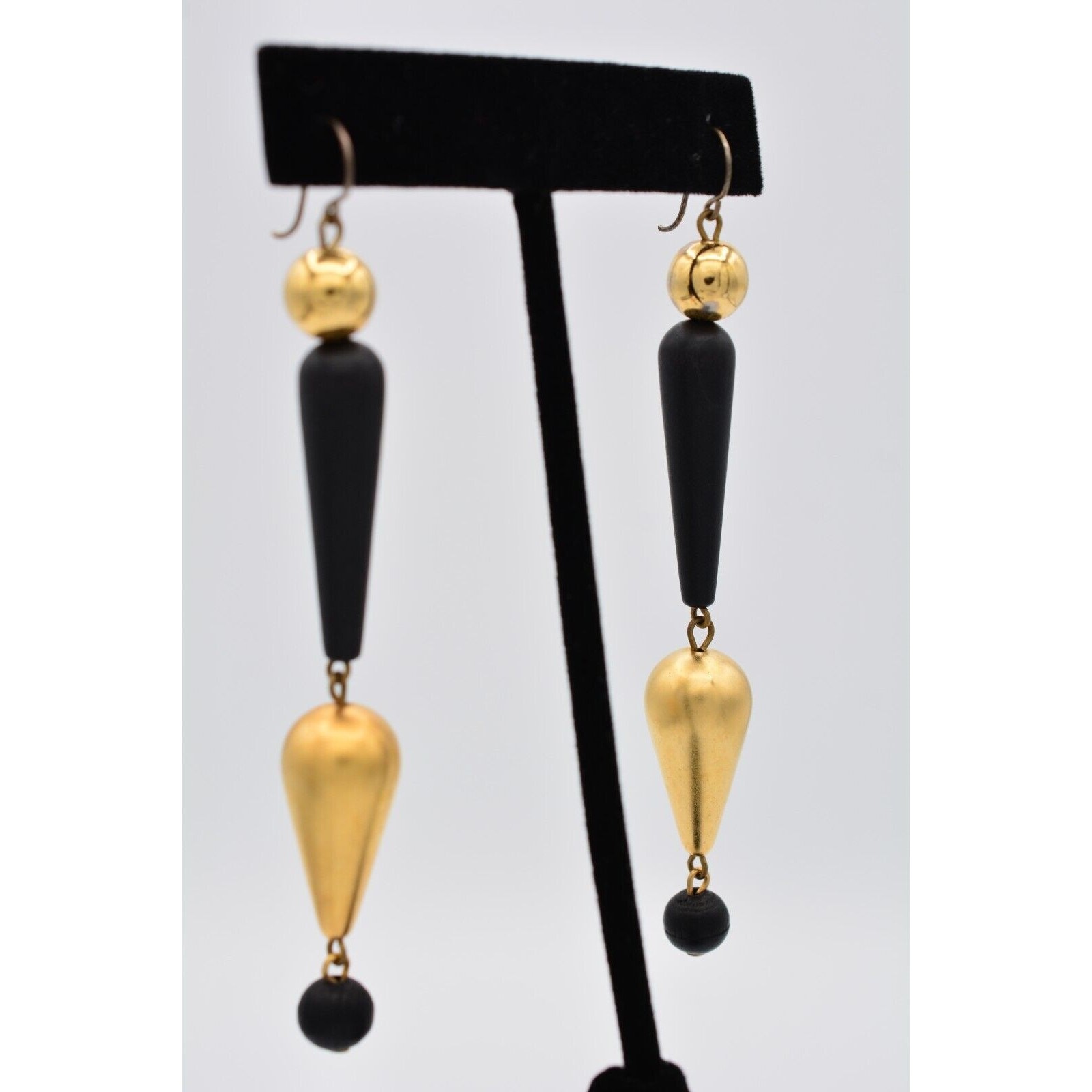 Vintage Dangle Earrings Black Beaded Brushed Gold Matte Drop Chunky 1990s BinAV