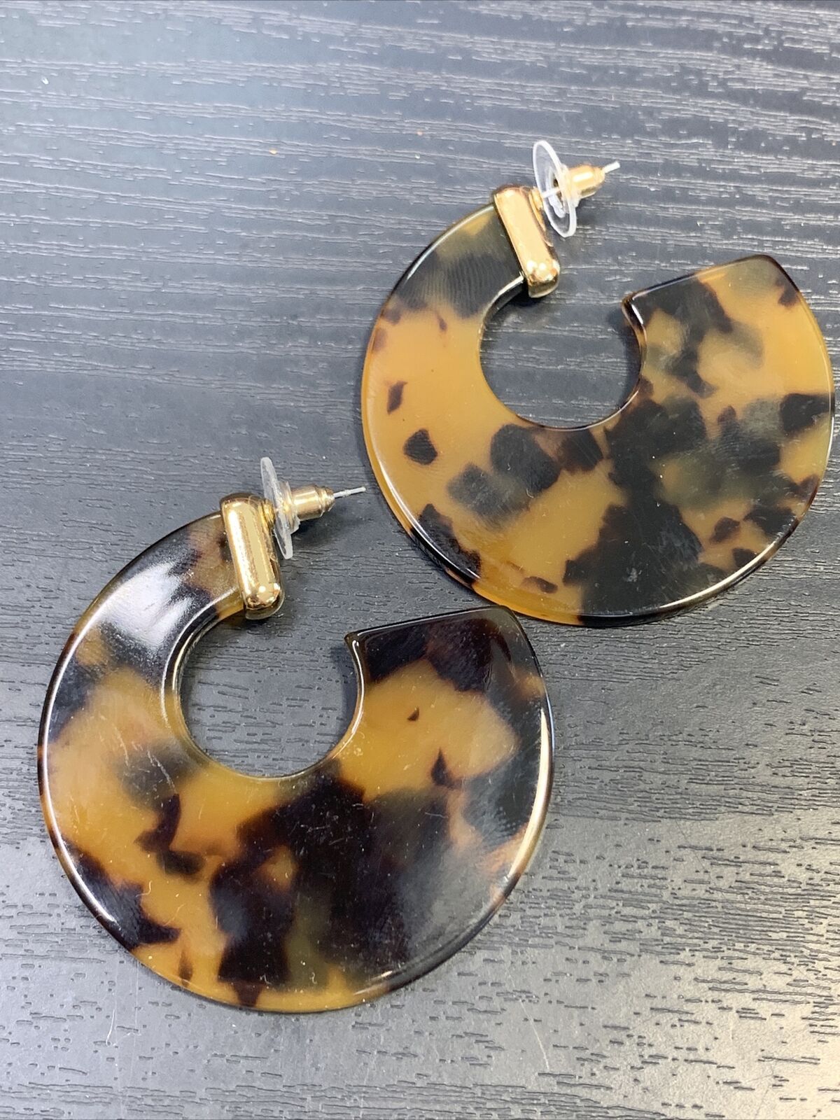 Half Hoop Earrings Large Imitation Tortoiseshell Pierced Earrings Almost 2”