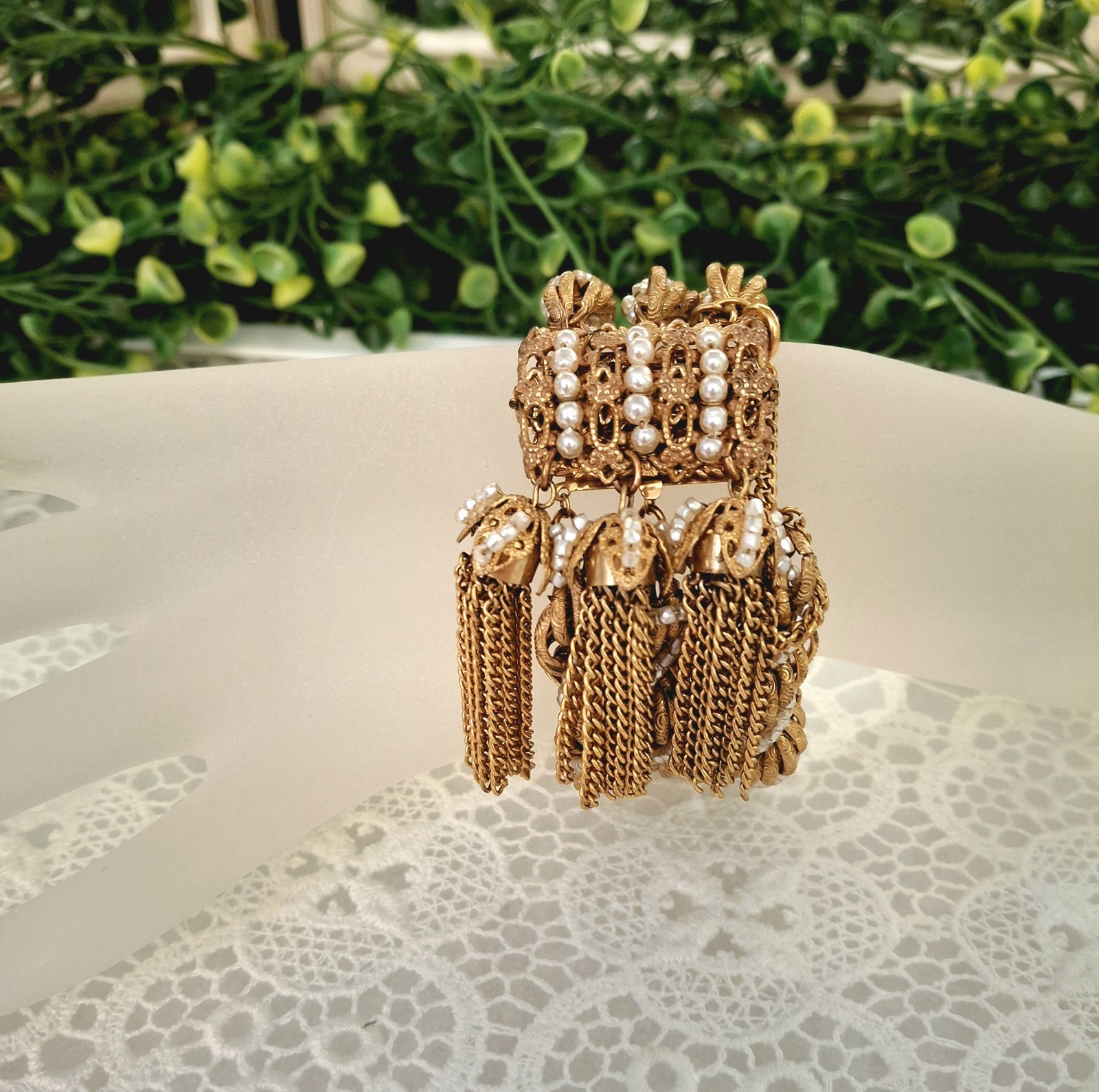 Frilly Miriam Haskell Russian Gold Chain & Seed Pearl Tassel Bracelet