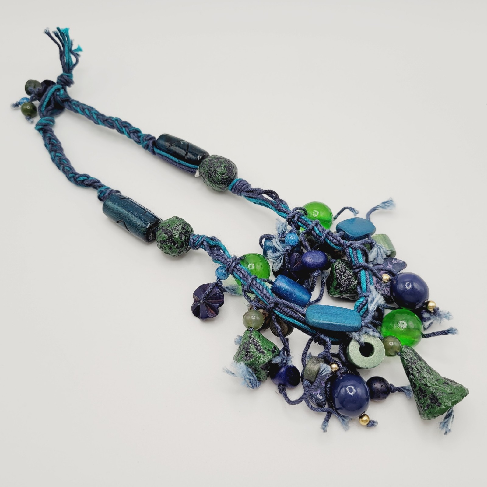 Eclectic Artsy Artisan Braided Cotton Mixed Material Beaded Vintage Necklace