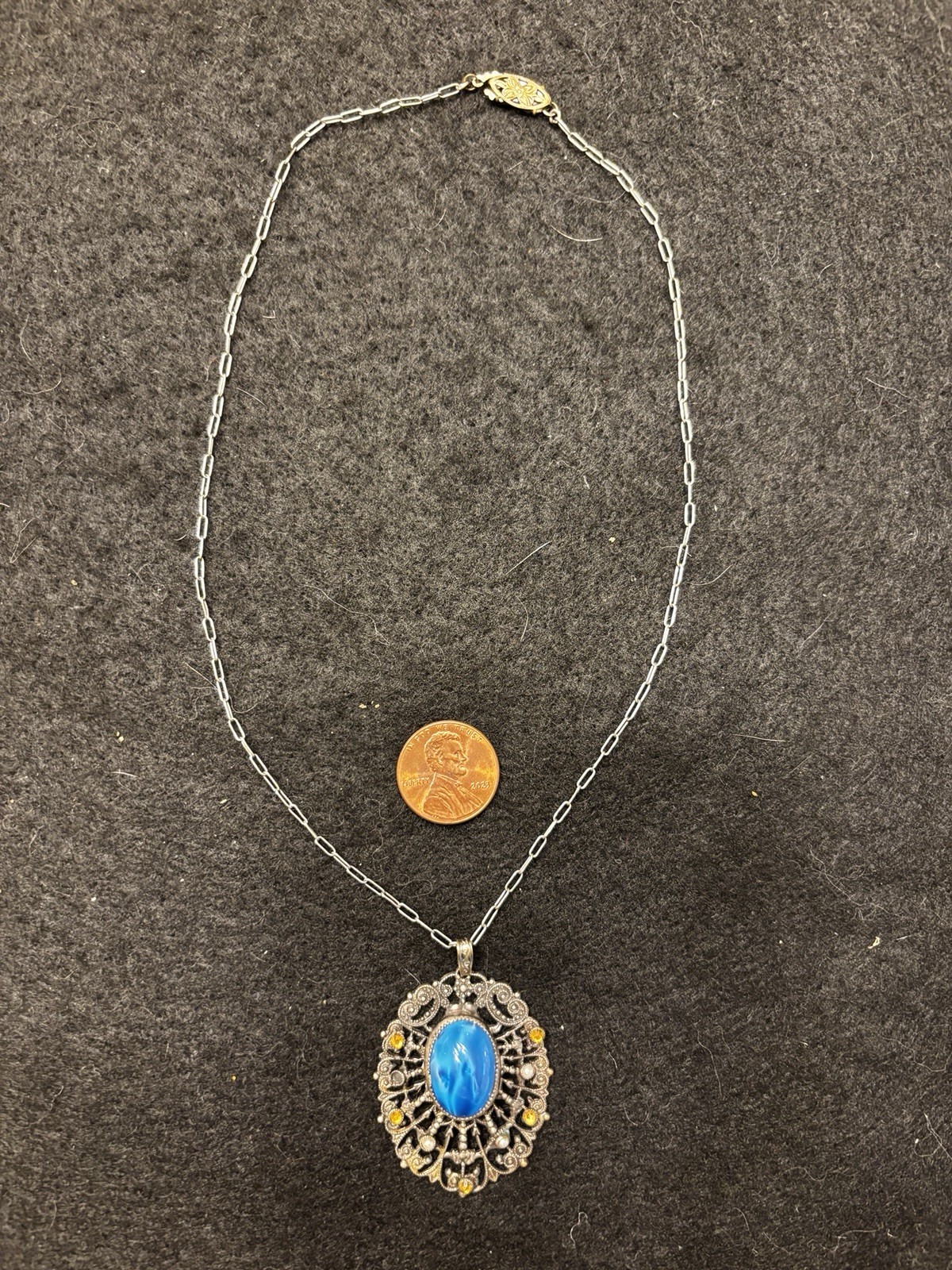 RARE VTG ART DECO GERMAN? SILVER TONE BRASS BLUE STONE BURST NECKLACE *9.8 gm*