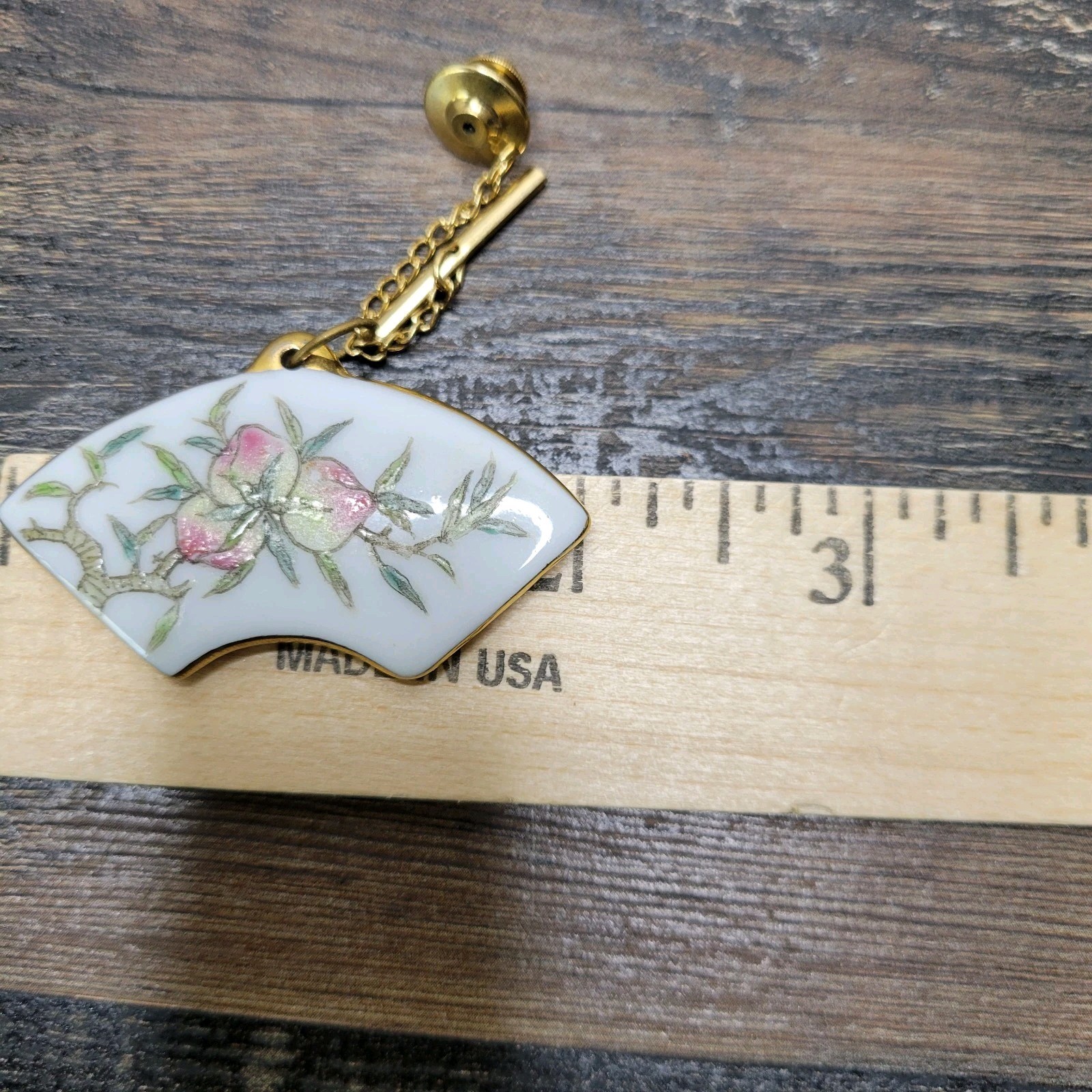 Porcelain Pin Pendant Convertible Japanese Fan Peaches Floral Handpainted VTG