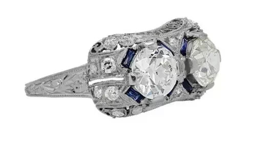 Art Deco Style Lab Created Diamond & Sapphire Wedding Ring 14k White Gold Finish