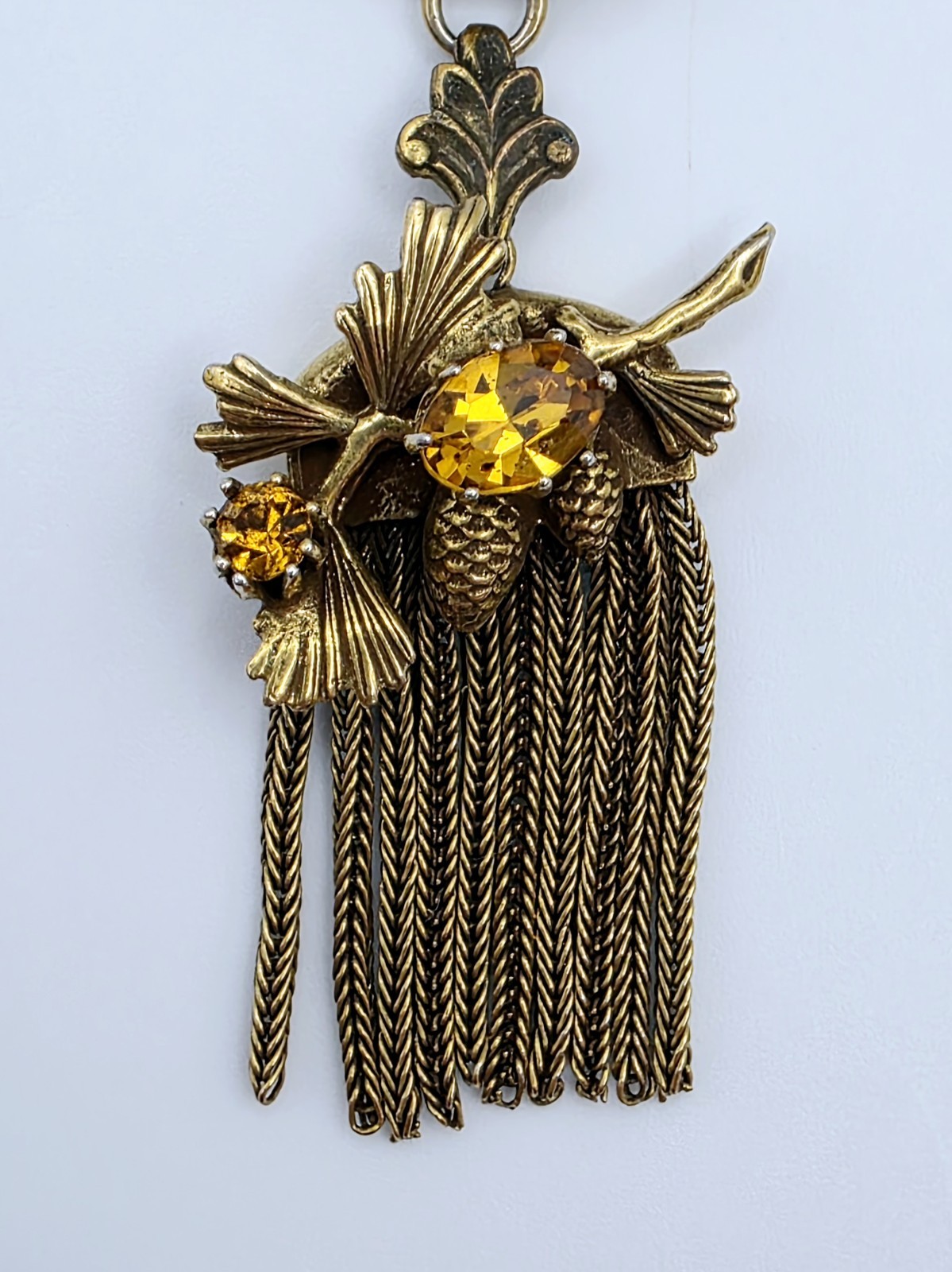 Vintage Germany Amber Glass Cabochon Tassel Pendant Necklace Rhinestone Leaf