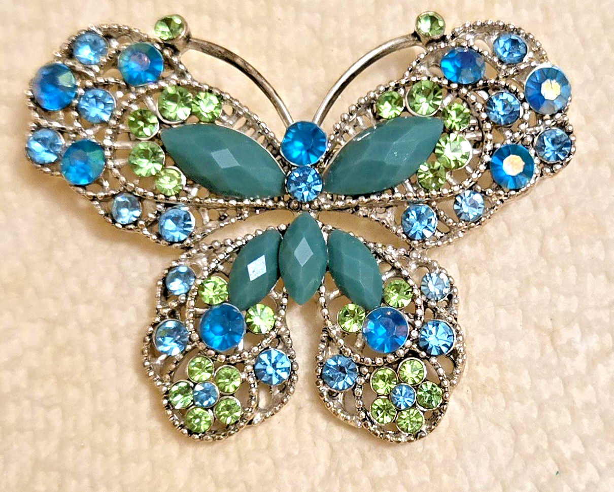 Vintage Blue & Teal Rhinestone Prong Set Butterfly Brooch