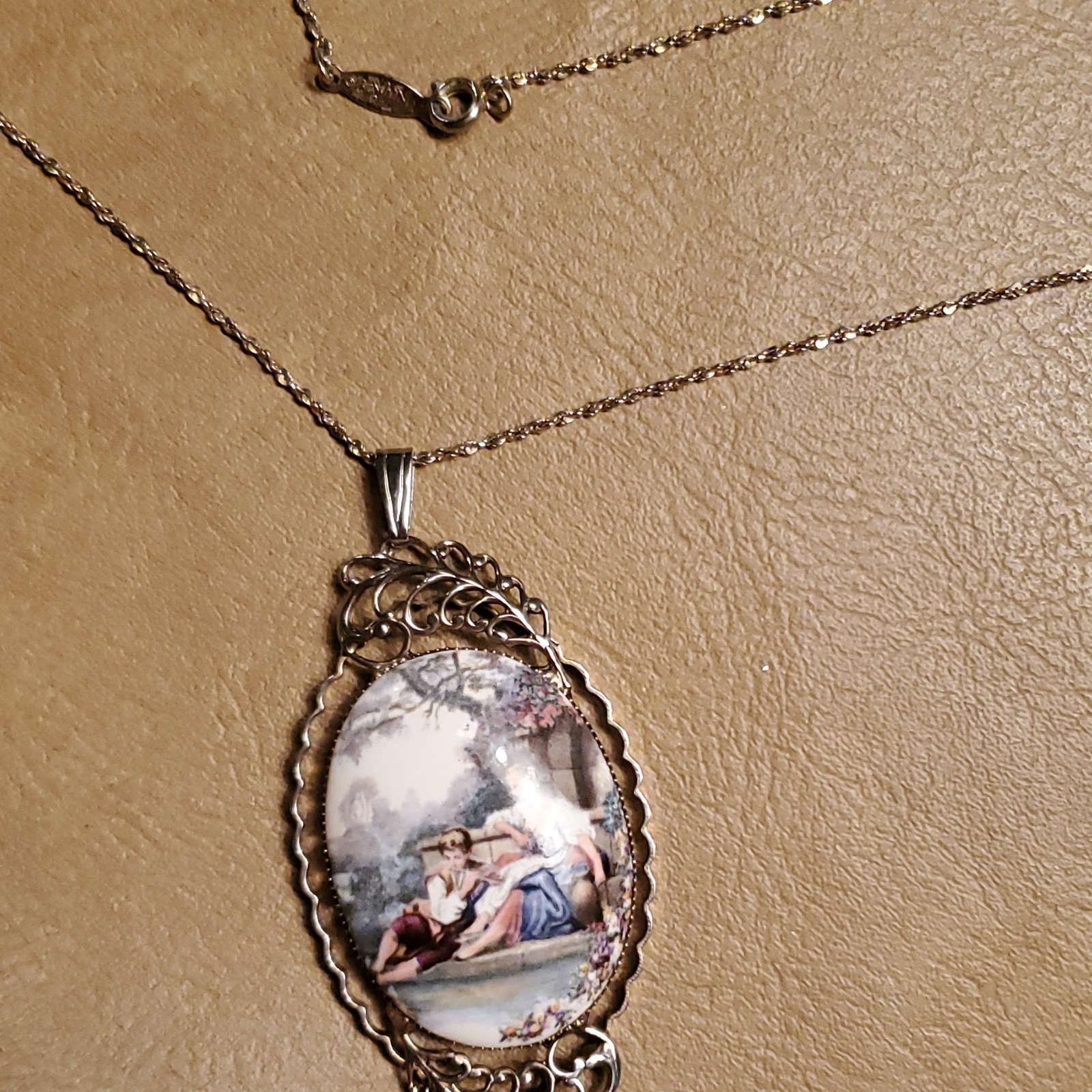 Vintage Gold Tone and Porcelain necklace 2 1/2 inch Courtship Scene A Rare Find