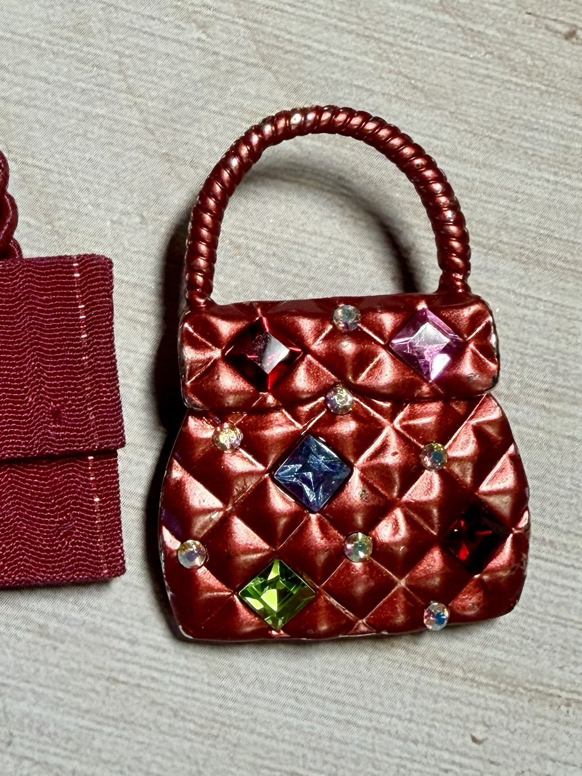 Lot Of 2 Vintage Red Handbag Brooches 1 Enamel & Rhinestone 1 Wymsical Women