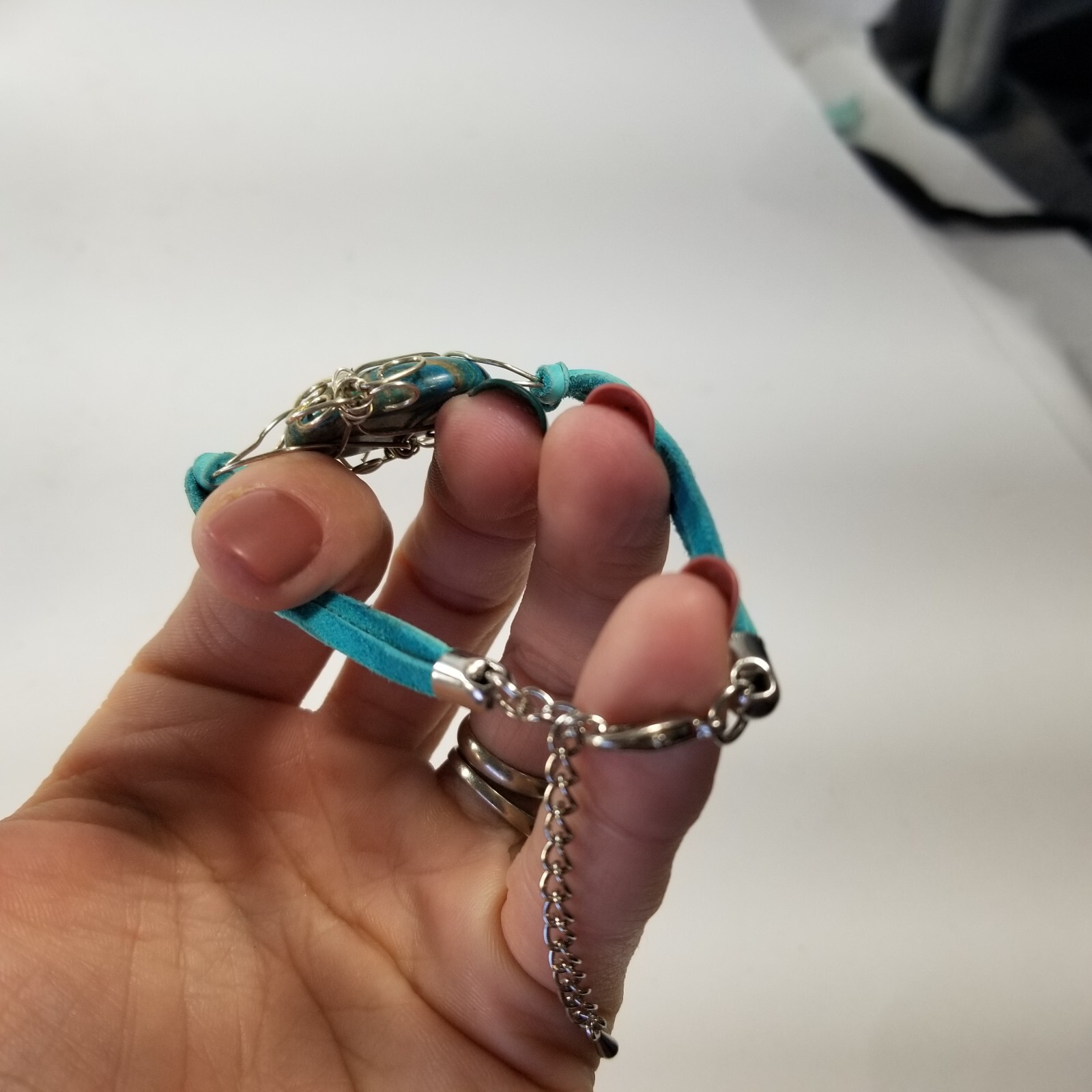 Unique Faux Turquoise Cabochon Silver Tone Bracelet Caged