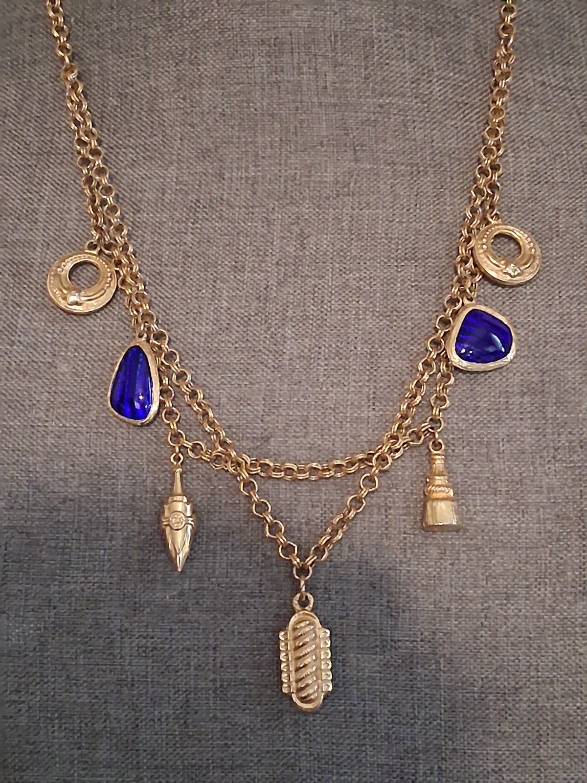 Cobalt blue poured glass dangle drop charm double strand necklace, vintage, 24″