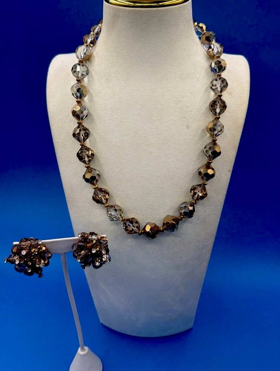 Vintage Faceted Glass Bead Necklace & Clip Earrings Set – Elegant Retro Jewelry