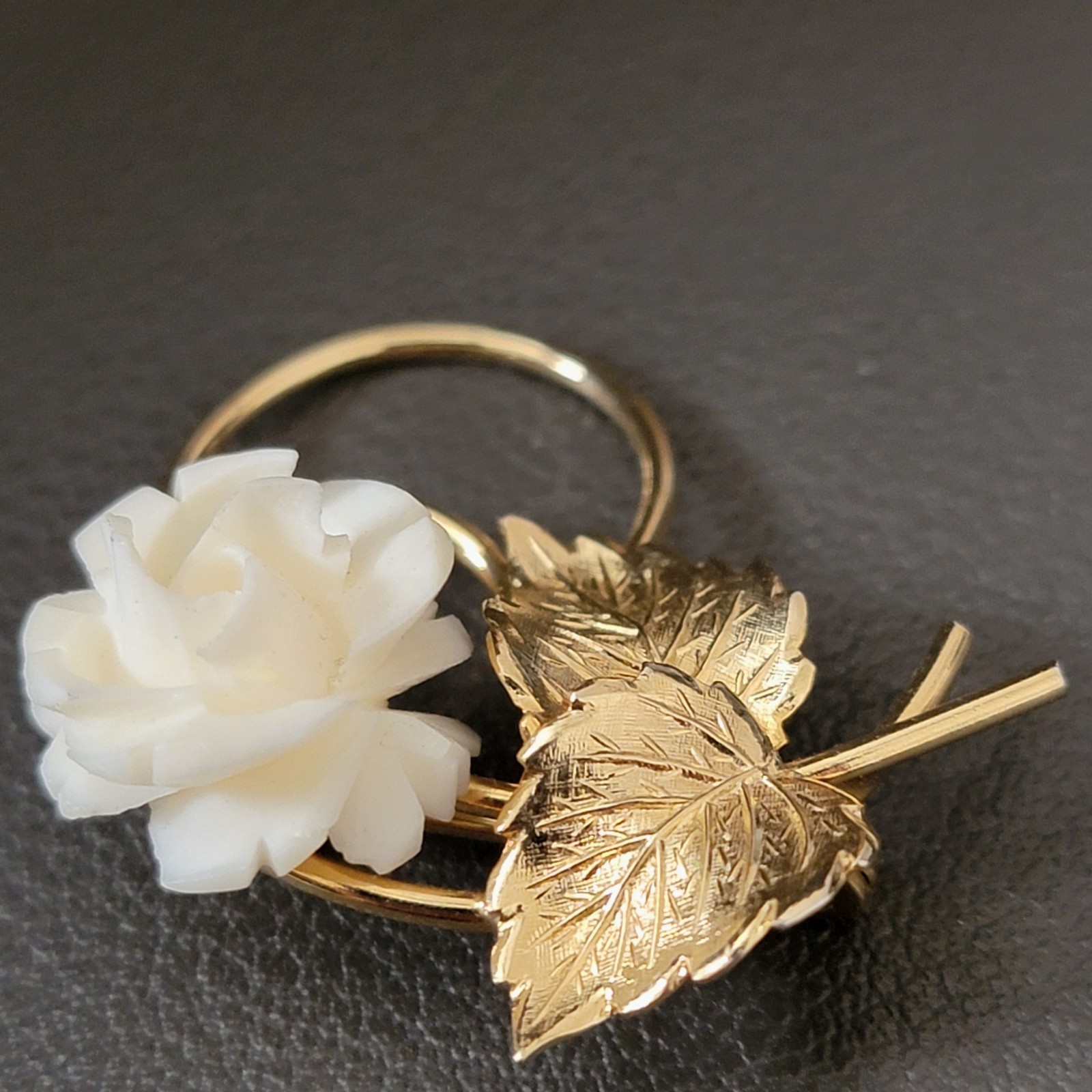 Vintage 1/20 12K Gold Filled Carved Rose Flower Leaf Brooch Pin Signed GF AC