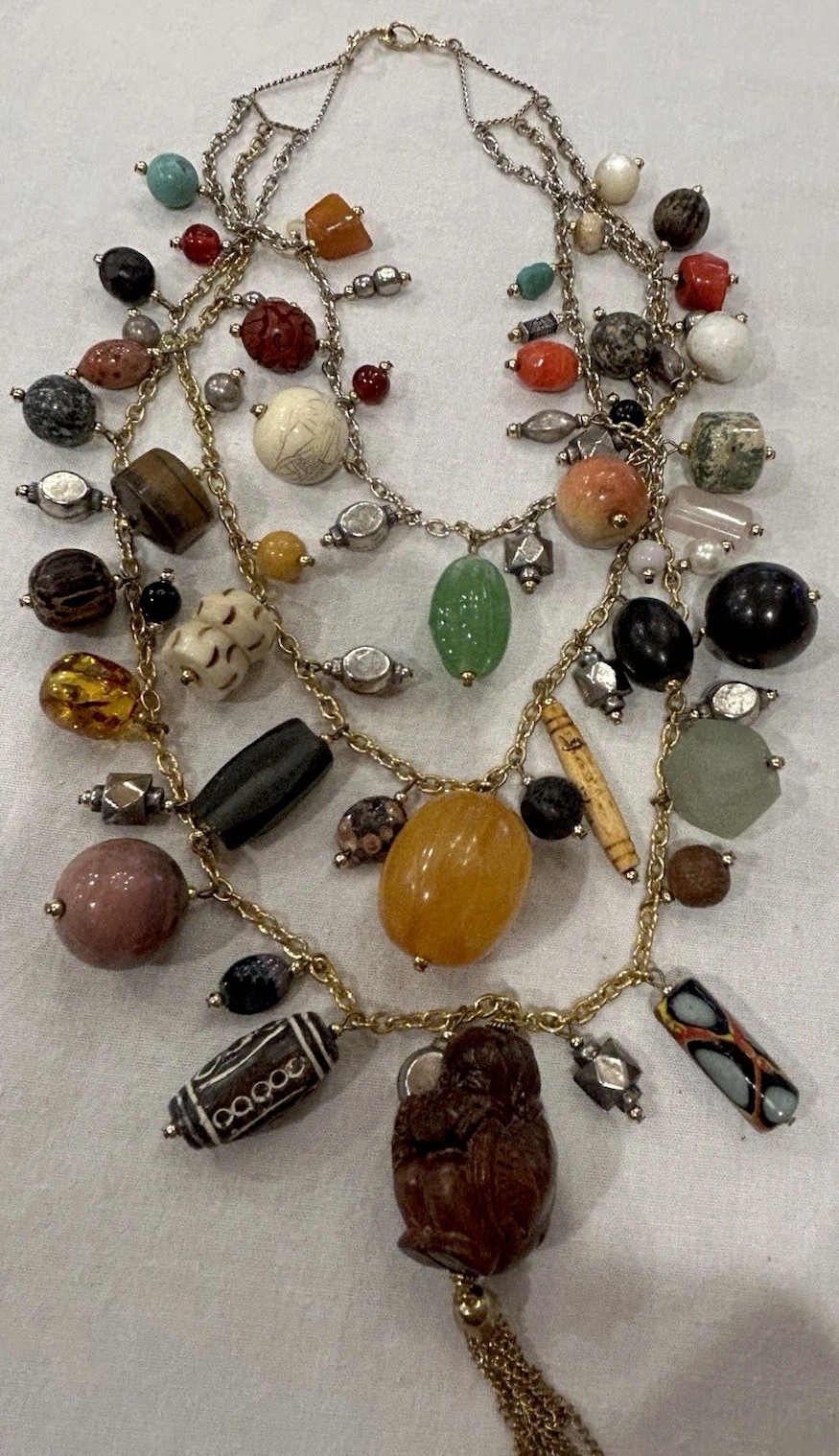 Vtg Asian-Themed Mixed Material 3-Strand Charm Necklace w/Carved Wood Buddha 28”