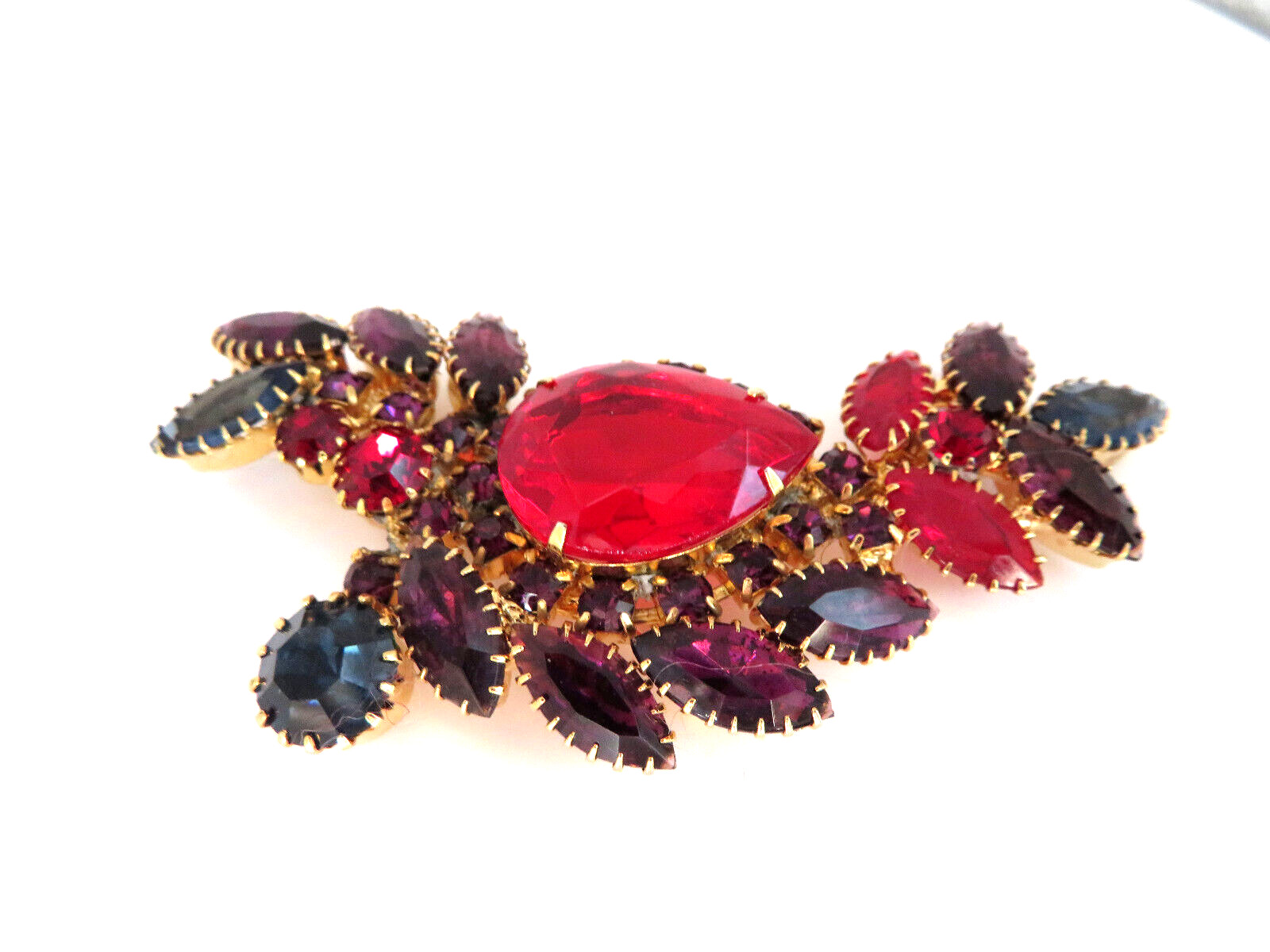 Estate Statement Leaf Rhinestone Pin Brooch Red Purple and Blue Gold tone As is