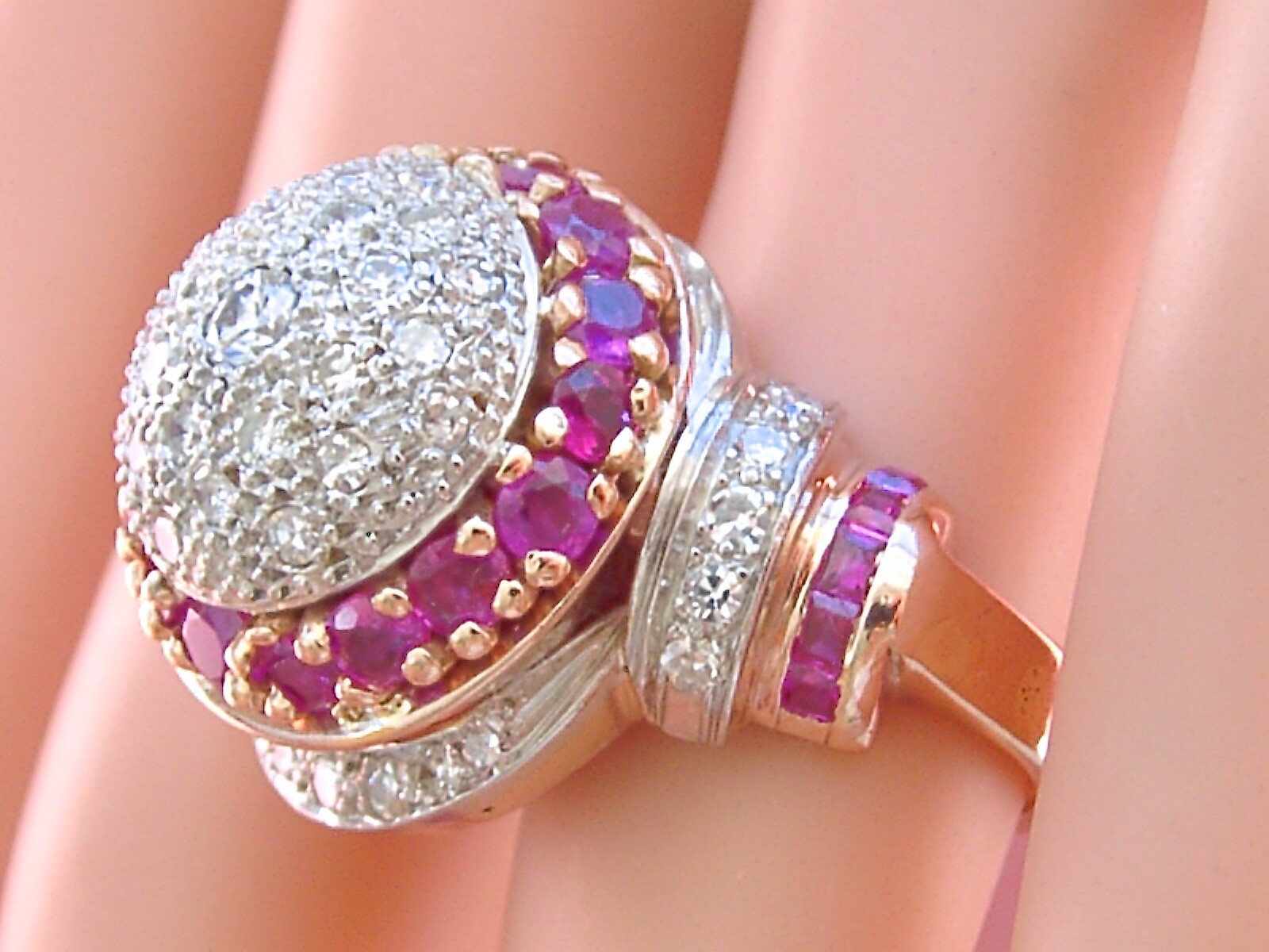 VINTAGE RETRO 1.38ctw DIAMOND 1.23ctw RUBY ATOMIC SPACE COCKTAIL PINKY RING 1940