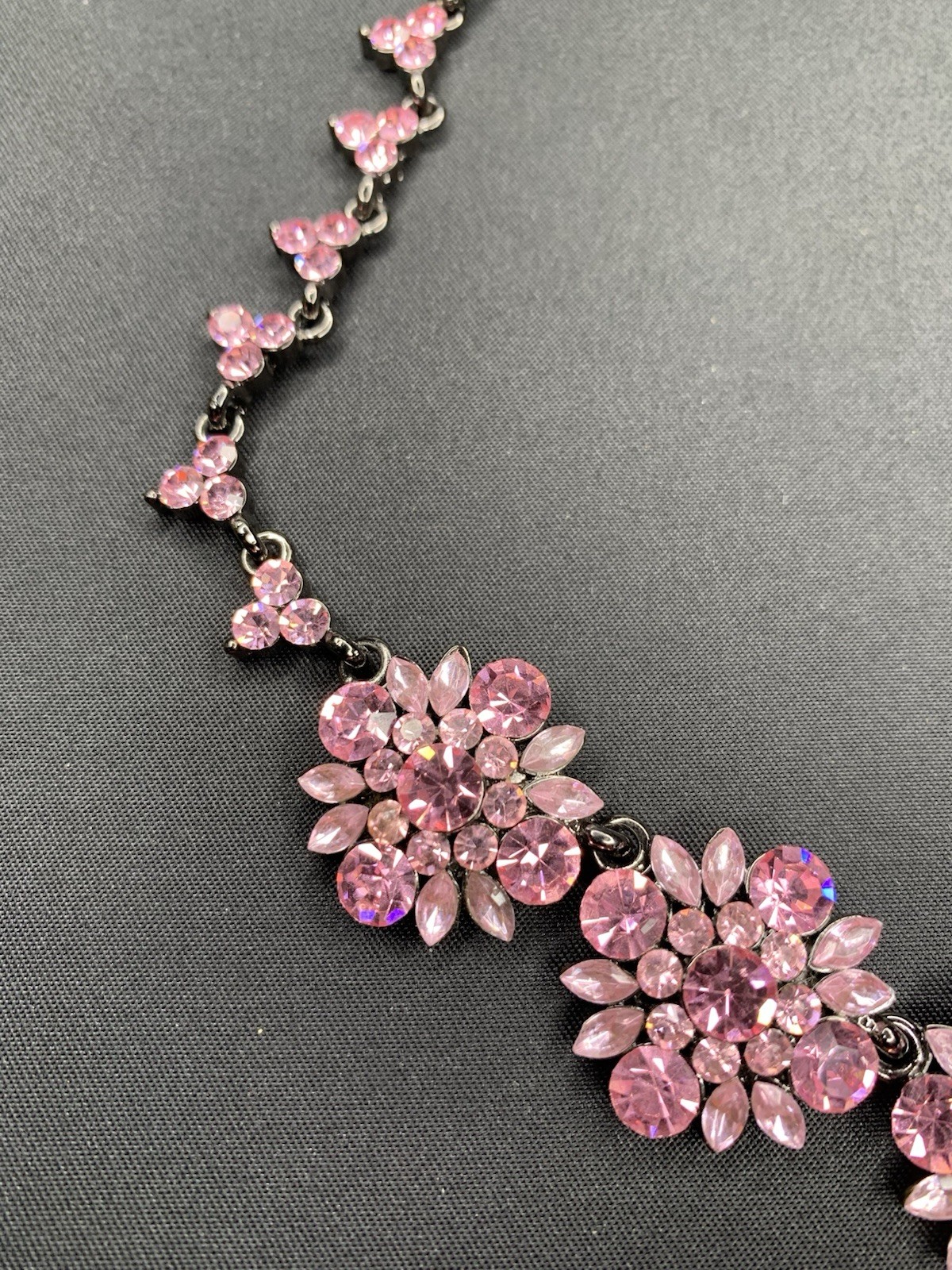 Pink Flower Shape Rhinestone Black Gun Metal Necklace 14” Choker