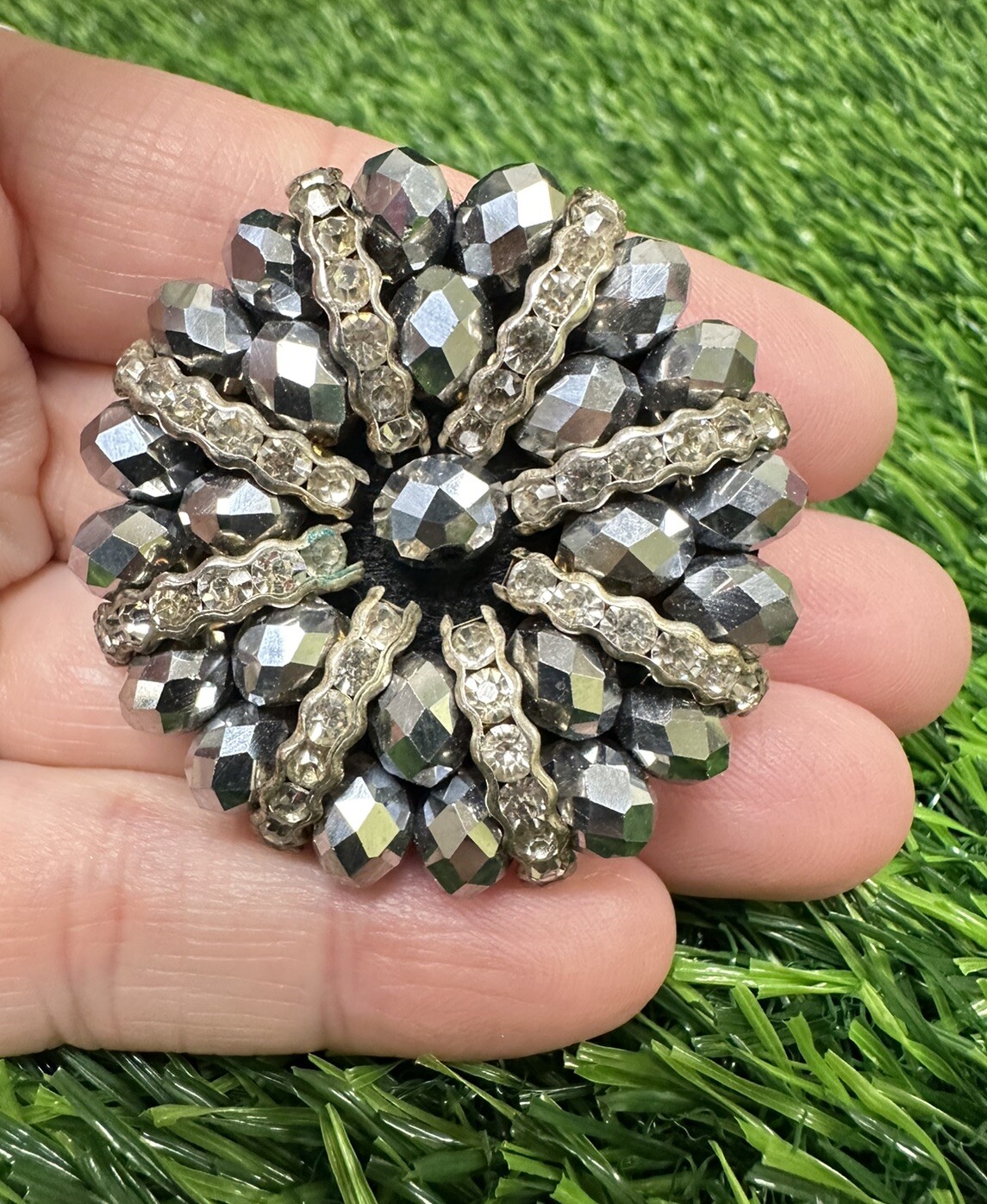 Vintage Handmade Silver & Gray Faceted Beads & Rhinestones Flower Brooch Pin