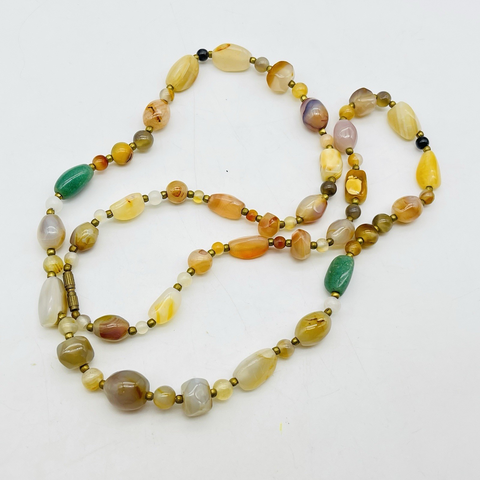 Vintage Beggar Bead Necklace Multicolor Agate Stone Boho Layering Strand 32″