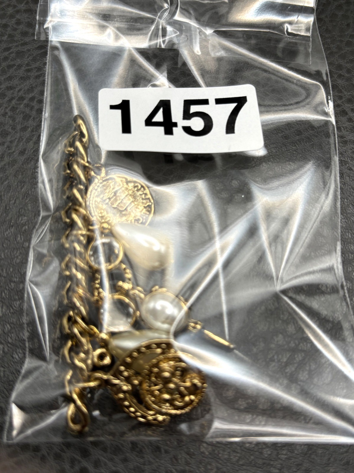 Vintage Gold Tone Charm Brooch Pearl Crystal Stations Coin Medallion Dangles