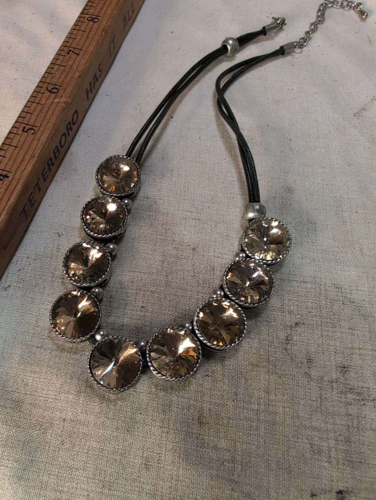 Leather Corded Rhinestone Scoop Necklace With Chunky Stones