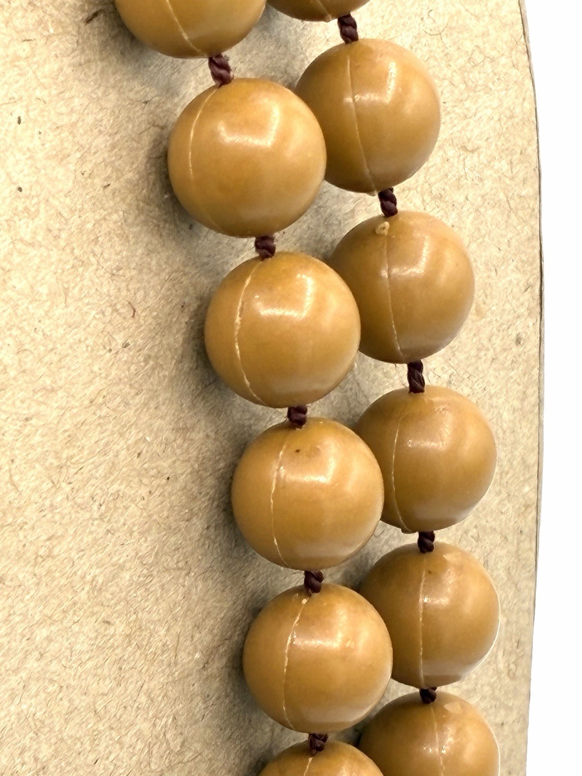 Vintage Caramel Tan Plastic Bead Long Rope Necklace Hand Knotted 1960s