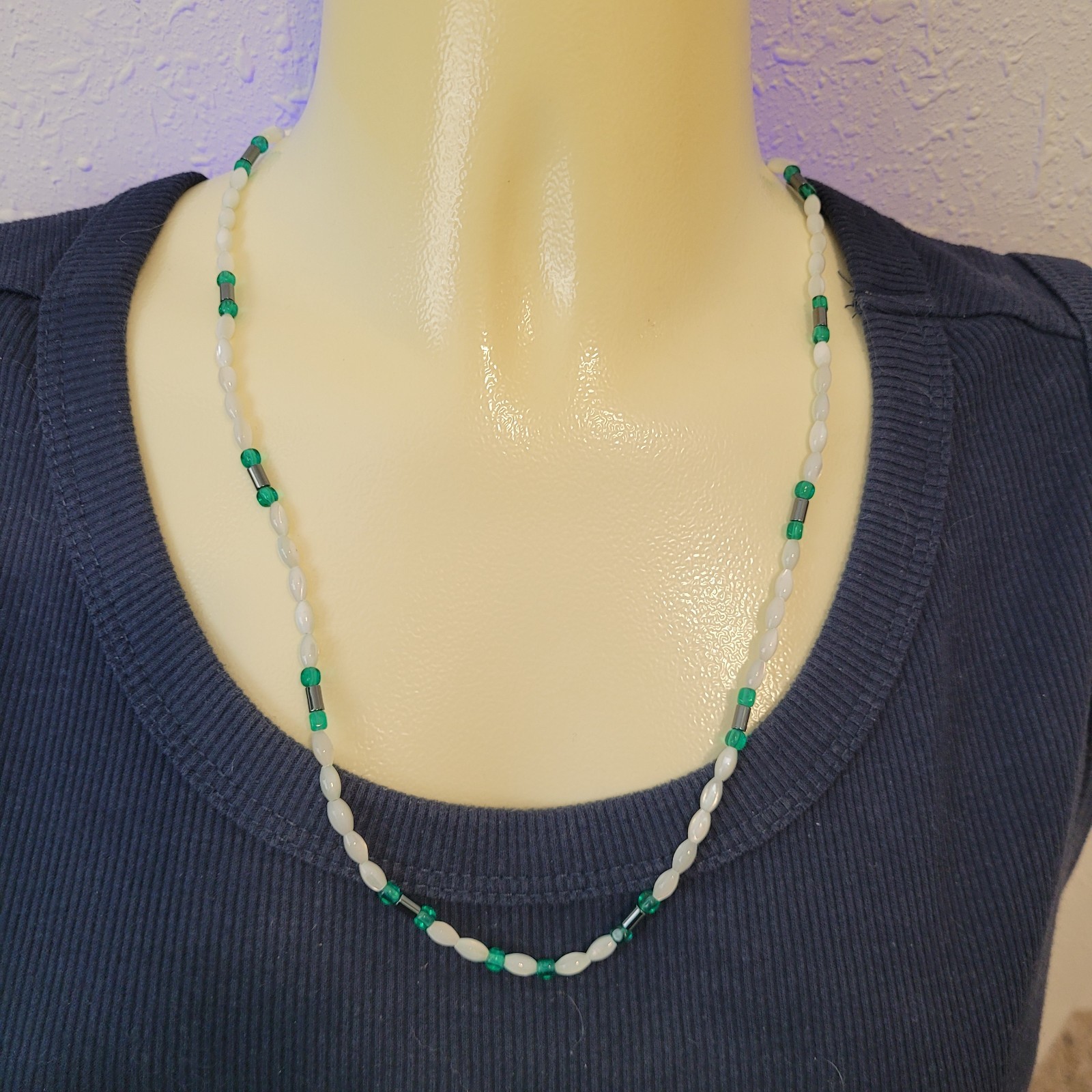 Mother Of Pearl Rice Bead Necklace With Green And Gray Bead Accents 22″