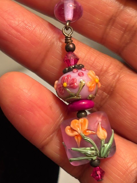 Vintage Artisan Boho Lampwork Glass Floral Dangle Pink And Green Earrings
