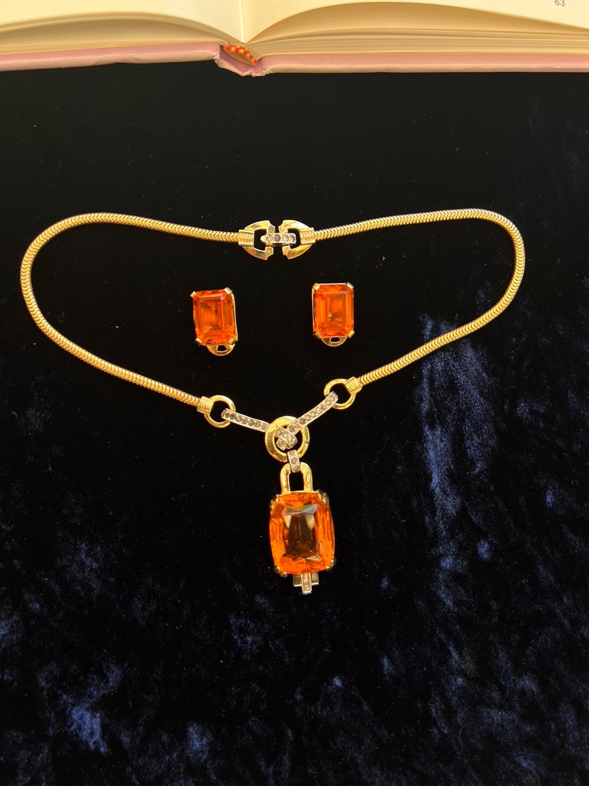 Mazer Deco gold plated faux topaz rhinestones necklace/Earrings 1960’s ca, USA.