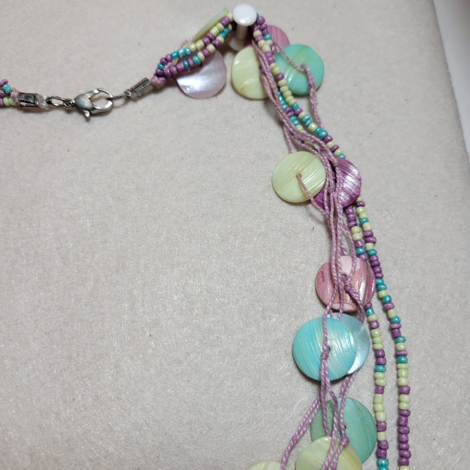 Vintage Pastel Shell & Beads Layered Necklace Pink Blue Green Ocean Boho Mermaid