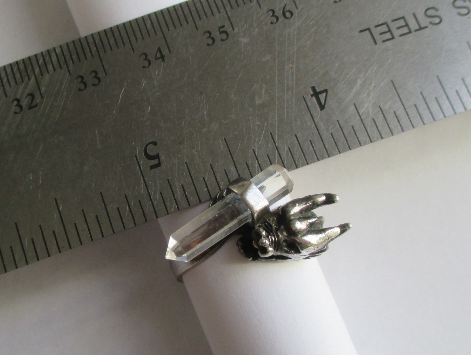 Sz 9.5 VINTAGE STERLING SILVER CLEAR QUARTZ ROCK CRYSTAL WAND DRAGON RING
