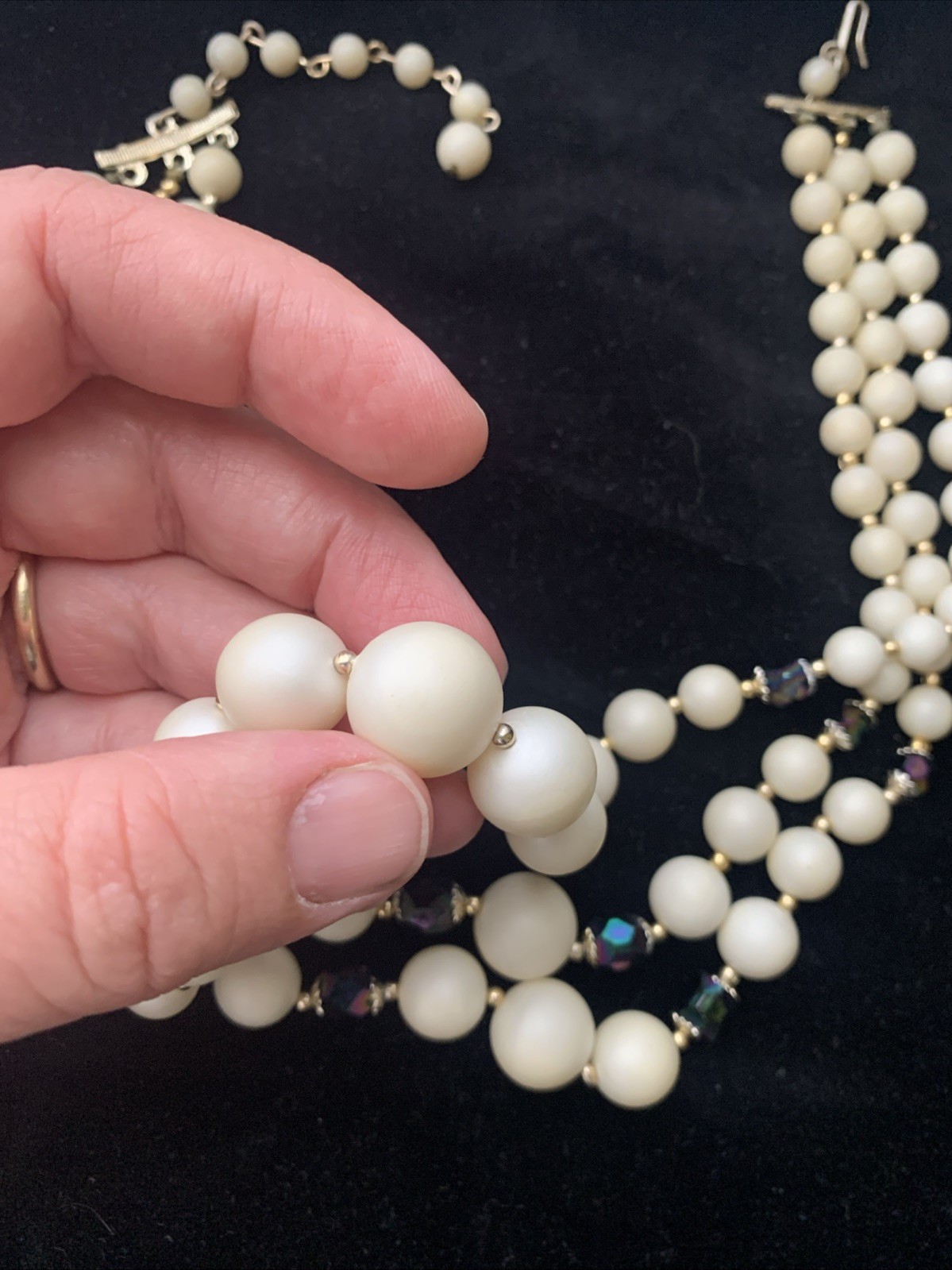 MCM Costume Graduated Three Strand Necklace Ivory Gold and Black Aurora Beads