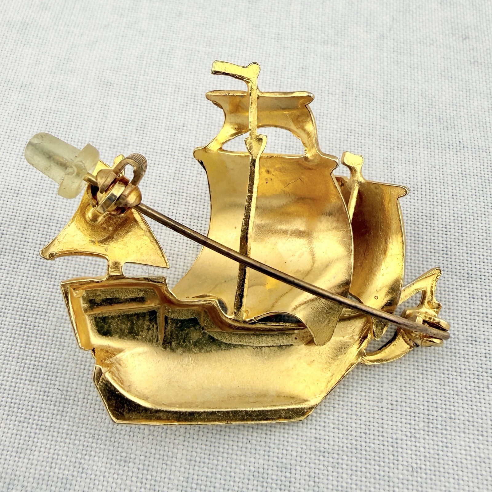 Vintage Spanish Ship Brooch Pin Damascene Sailing Galleon Gold Tone Nautical Art