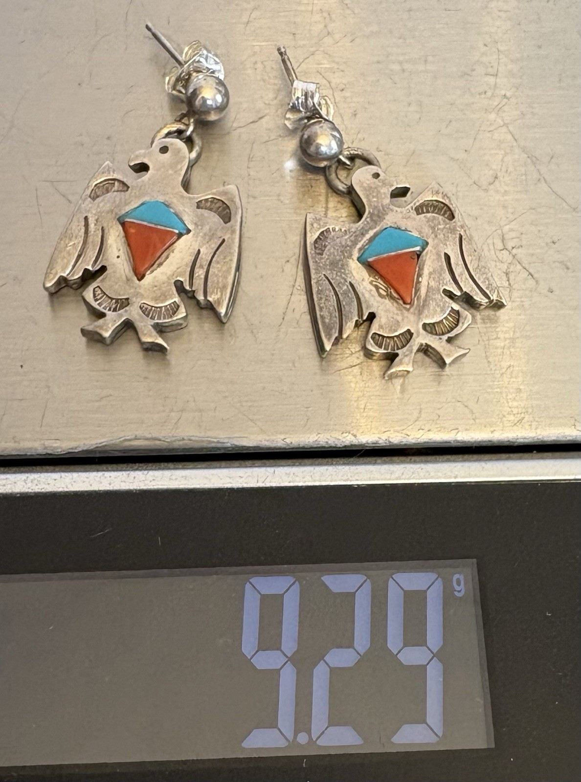 Vintage Native American Sterling Silver Turquoise Red Coral Thunderbird Earrings
