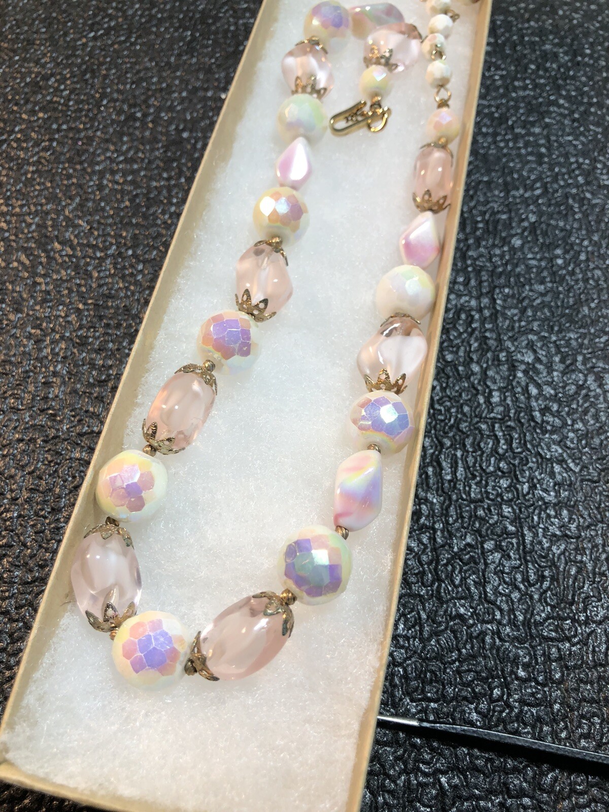 VTG Costume Jewelry Signed TRIFARI Charm,MOP Pinks,Purples,Greens Necklace 17.5”