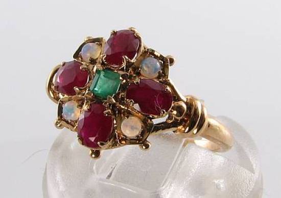 9CT 9K GOLD EMERALD RUBY OPAL CLUSTER ART DECO INS RING FREE RESIZE