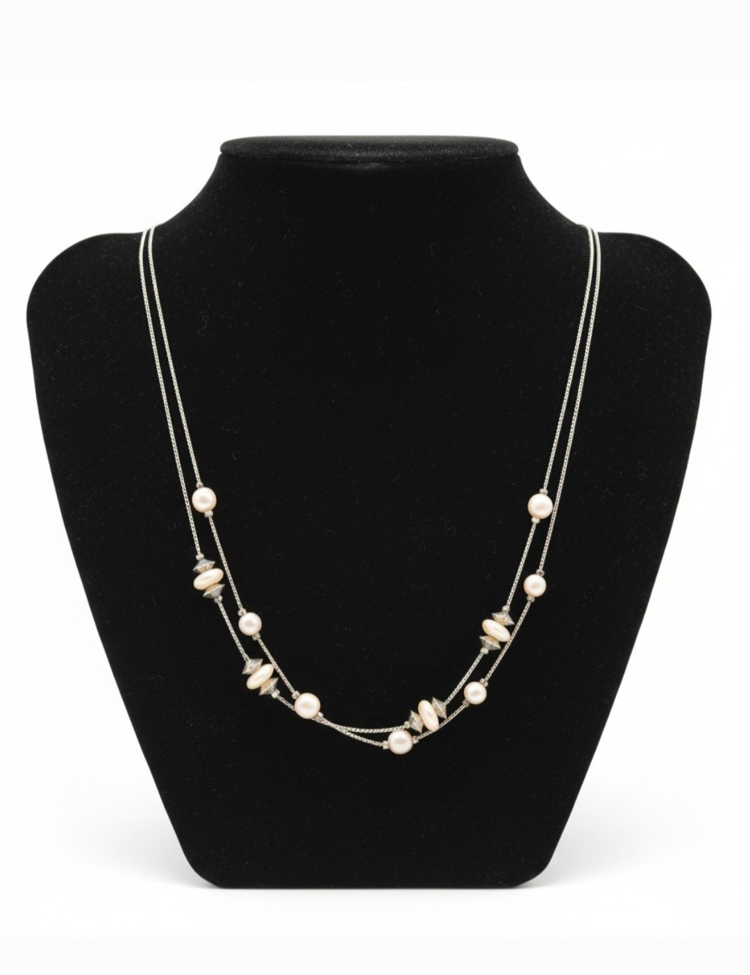 18″ Double Strand Gold-toned Chains W/Light-Colored Beads With Spacers Necklace