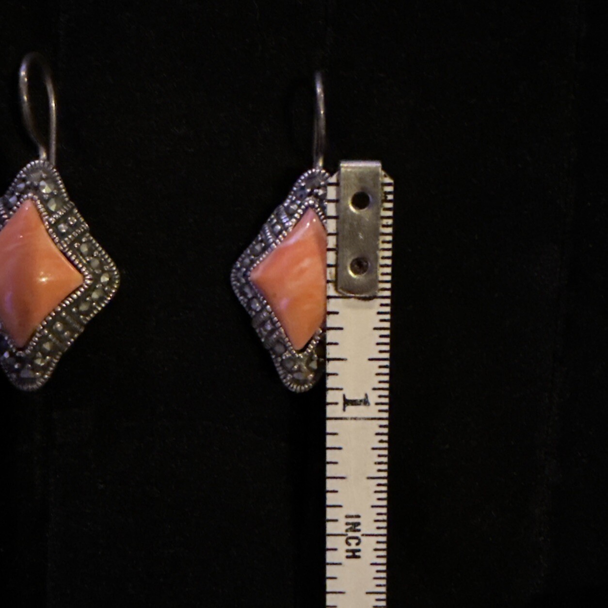 Vintage 925 Sterling Silver Marcasite & Faux Coral Earrings 1.5”