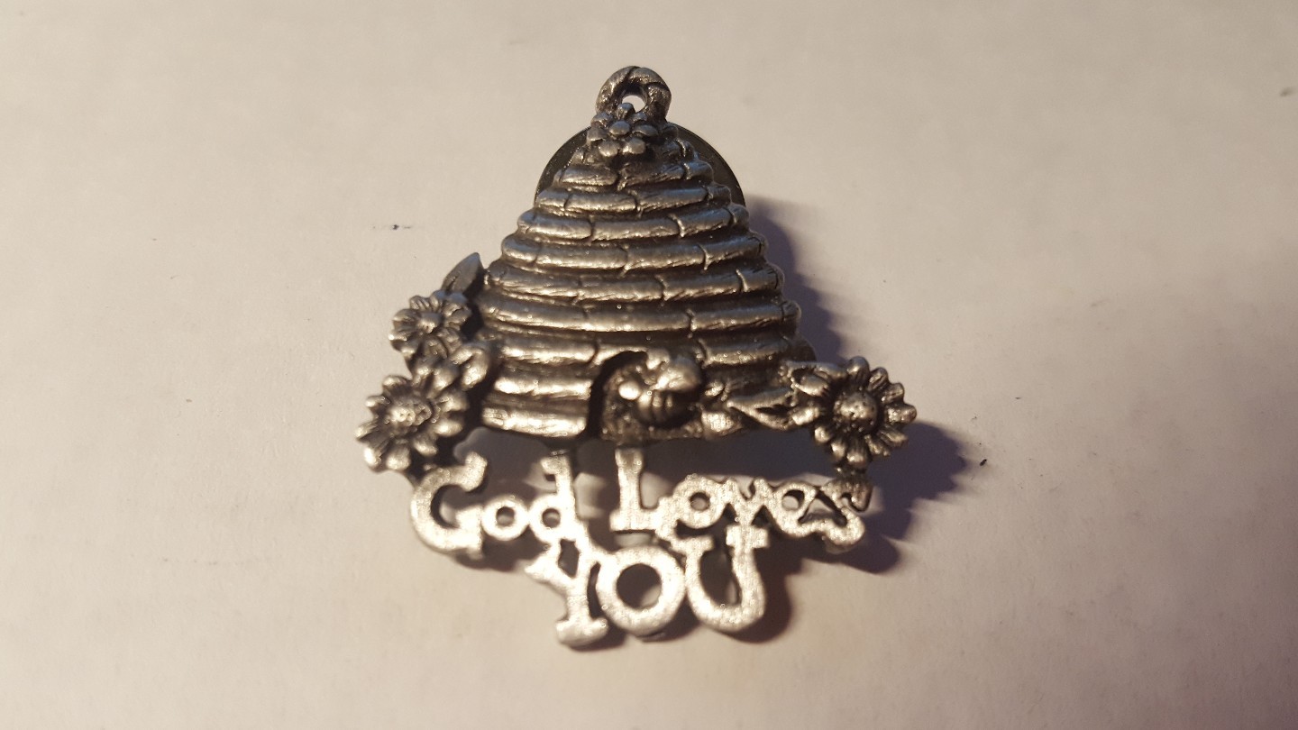 Beehive Lapel Pin God Loves You Sunflower Pewter Religious Saying