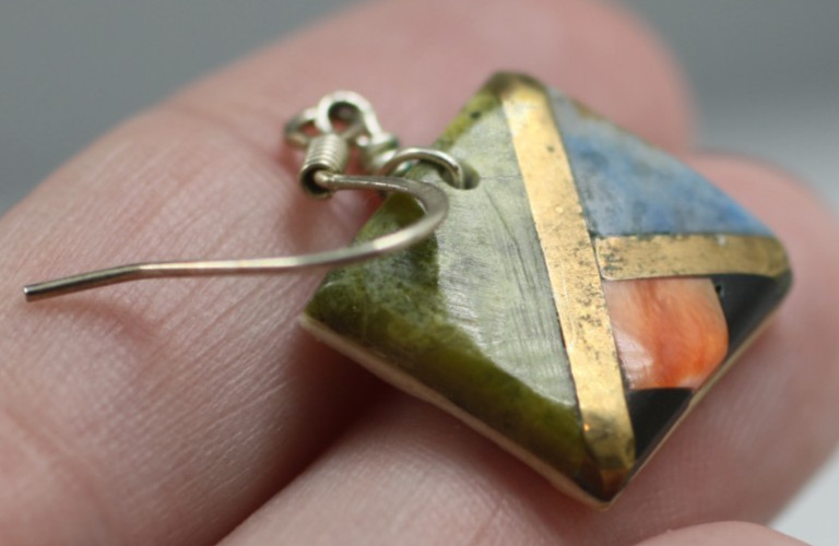 Vintage silver tone inlaid multi color stone drop dangle hook pierced Earrings