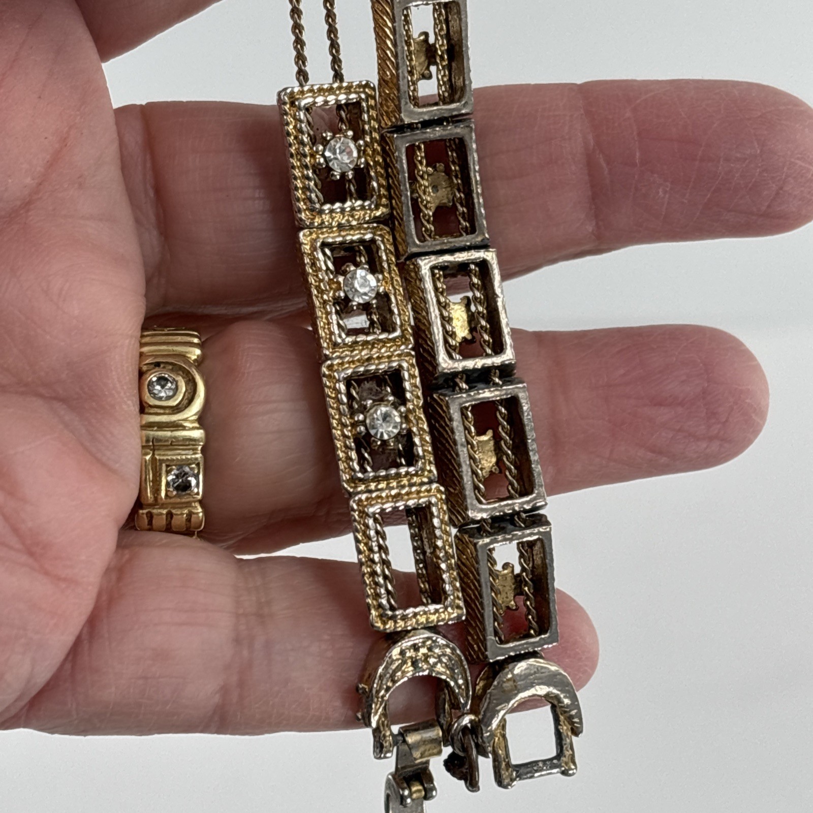 Vintage Gold Tone Victorian Slide Charm Bracelet Gold Tone Missing Rhinestones