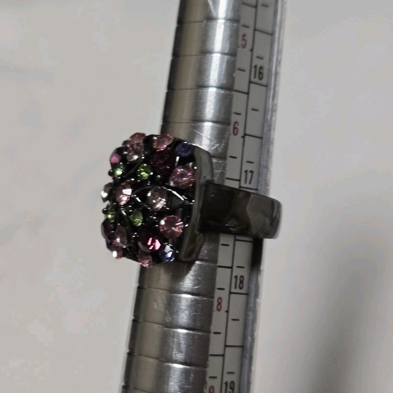 Gunmetal Pink Purple Colorful Rhinestones Ring Size 6.75″
